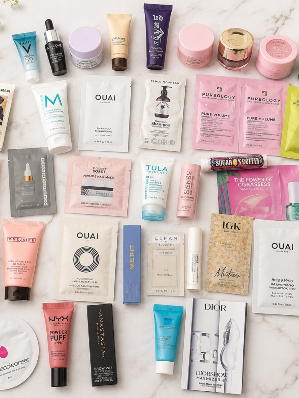 OUAI Assorted Pink and Cream Travel-Size Skincare & Hair Sachet Sampler